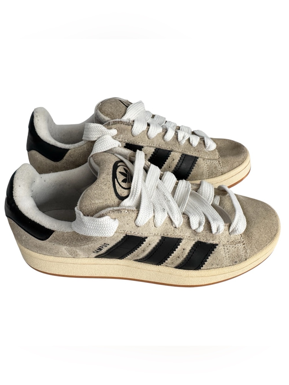 Adidas Women's Beige Suede Campus Sneakers with Black Stripes